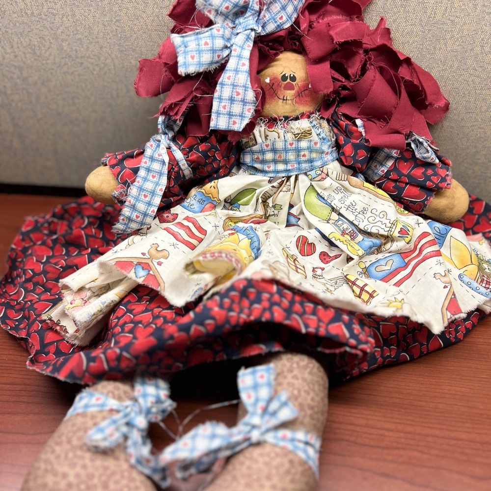 Vintage Handmade Rag Doll with Red and Blue Accents